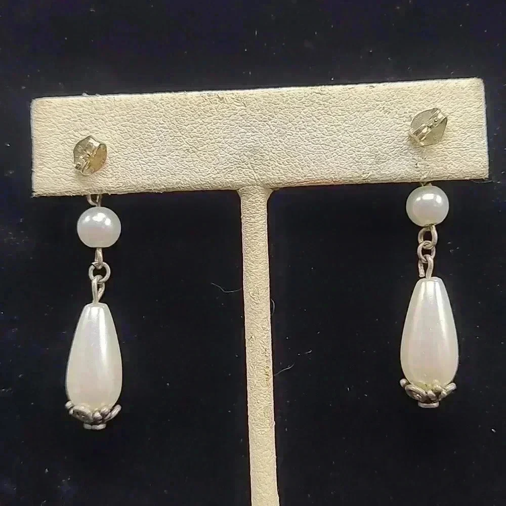 Faux pearl satin white sterling silver dangle earrings